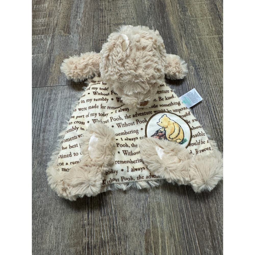 Disney Winnie the Pooh Baby Security Blanket Lovey Tan Script Quotes Plush Bear